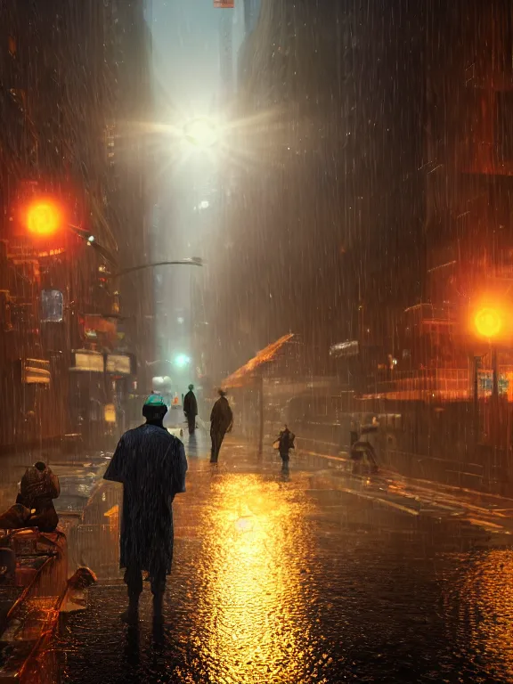 Image similar to portrait art of fishermen in a rainy new york street 8k ultra realistic , lens flare, atmosphere, glow, detailed,intricate, full of colour, cinematic lighting, trending on artstation, 4k, hyperrealistic, focused, extreme details,unreal engine 5, cinematic, masterpiece