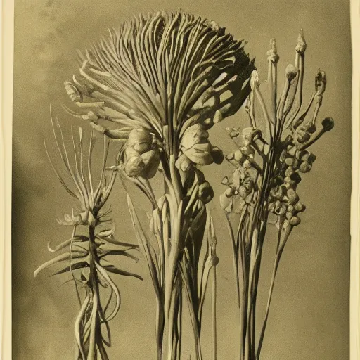 Prompt: beautiful calotype of martian flora by ernst heackel c. 1872