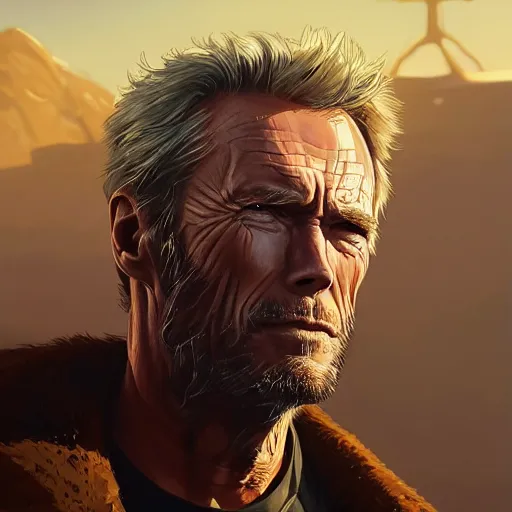 Image similar to highly detailed portrait, clint eastwood of cowboy, in gta v, stephen bliss, unreal engine, fantasy art by greg rutkowski, loish, rhads, ferdinand knab, makoto shinkai and lois van baarle, ilya kuvshinov, rossdraws, tom bagshaw, global illumination, radiant light, detailed and intricate environment