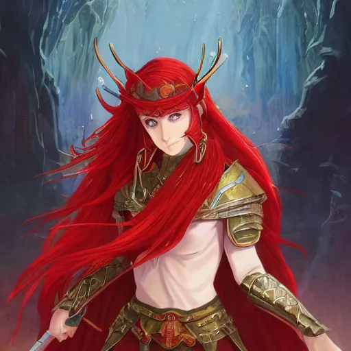 Image similar to a female elven cleric with red long hair in a very good beautiful heavy scale armor, wearing a cape, casting a fire spell, dungeon background, magical, bright, colorful, fantastic lighting, amazing details, 4 k uhd, illustration by hayao miyazaki and makoto shinkai and ilya kuvshinov, artstation, pixiv,