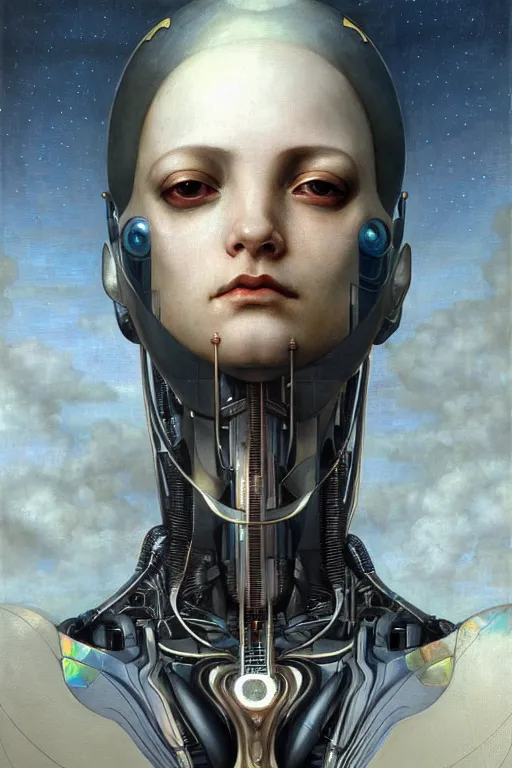 Prompt: full - bodied and portrait futurist cyborg empress, perfect future, award winning art by santiago caruso, iridescent color palette, symmetric face, by wlop and karol bak and bouguereau and viktoria gavrilenko