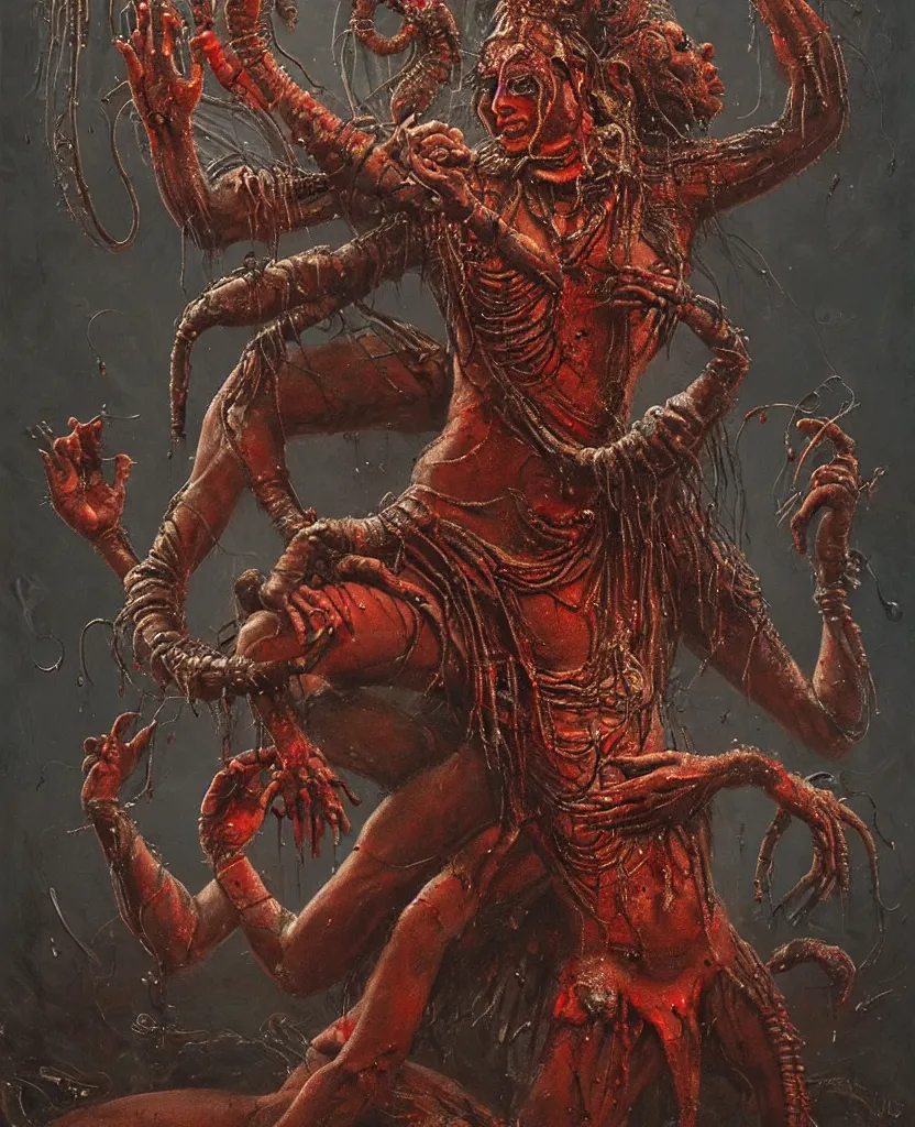 Prompt: One many-armed Shiva dancing. Drops of blood. Dark colors, high detail, hyperrealism, horror art, masterpiece, close-up, zoom, concept art, octane render, biopunk, body-horror, F1.8, macrophoto, art by Greg Broadmore, Esao Andrews, Beksinski, Giger