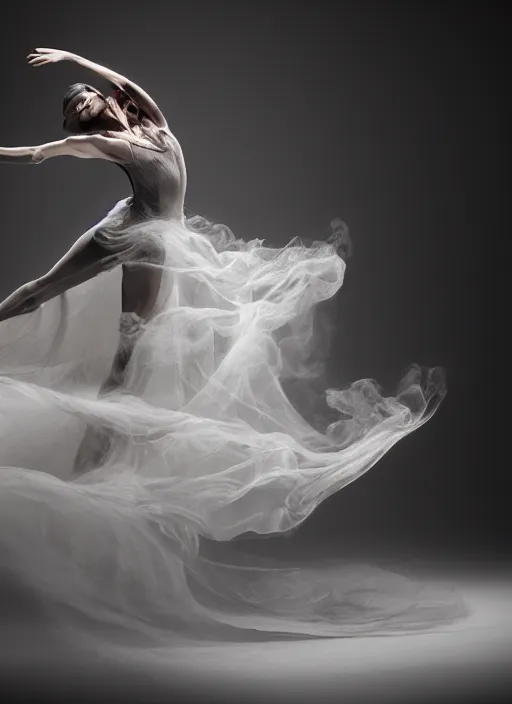 Image similar to a Photorealistic dramatic hyperrealistic render of a glamorous beautiful Female smoke dancer by Ken Brower and Deborah Ory of NYC Dance project,Lois Greenfield,Flowing cloth and smoke,Beautiful dynamic dramatic dark moody lighting,volumetric,shadows,cinematic atmosphere,Octane render,8K