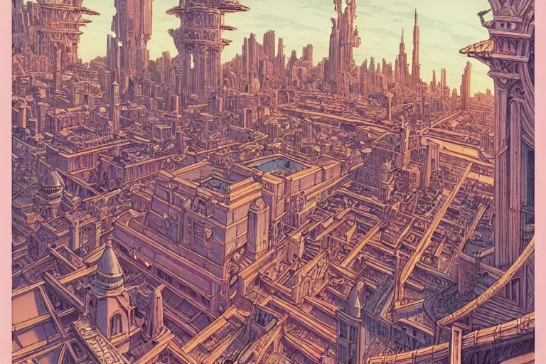 Image similar to late renaissance city on the coast, intricate linework, in the style of moebius, ayami kojima, 9 0's anime, retro fantasy