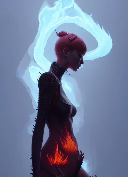Image similar to satan daughter, wearing, outfit, clothes, full body, fire, hell, lightning, pyromancer, intricate, elegant, highly detailed, digital painting, artstation, concept art, smooth, sharp focus, illustration, ethereal, misty, by ilya kuvshinov and jeremy mann, 8 k, octane render