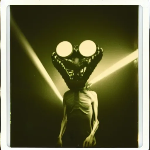 Prompt: vintage polaroid of a nightmarish mutated creature in a science lab, studio lighting, 4 k photo by chris cunningham