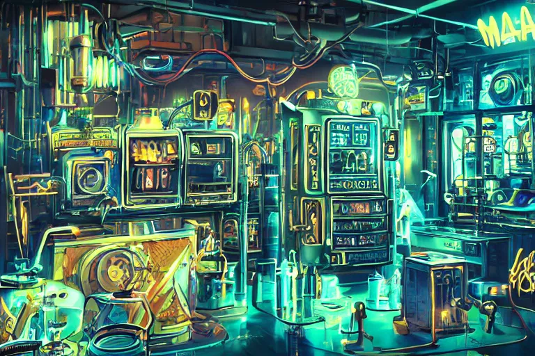 Prompt: wide angle on mad steampunk laboratory filled with alchemy equipment, pespective giant neon screens, sci - fi vending machine, art by ghibli studio, art deco, dynamic light, volumetric light, neon lights, cinematic mood