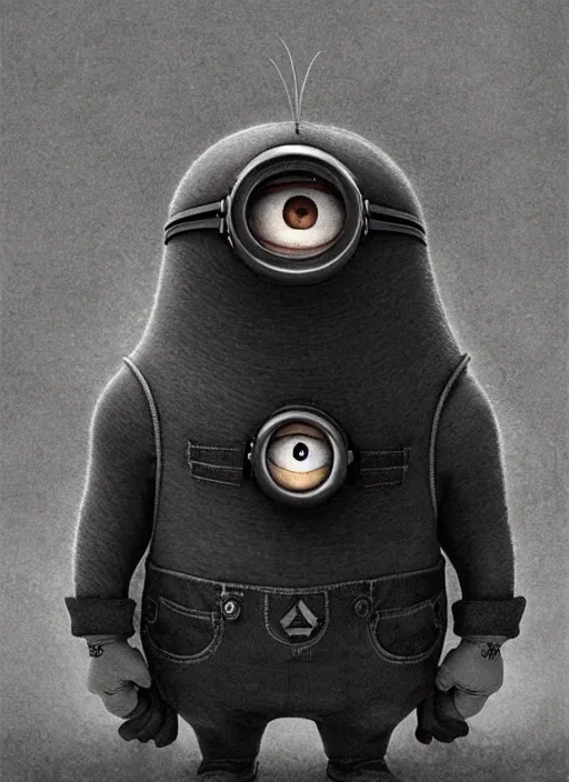 Image similar to a minion from despicable me, dark colors, sinister atmosphere, dramatic lighting, cinematic, establishing shot, extremely high detail, photo realistic, cinematic lighting, pen and ink, intricate line drawings, by Yoshitaka Amano, Ruan Jia, Kentaro Miura, Artgerm, post processed, concept art, artstation, matte painting, style by eddie mendoza, raphael lacoste, alex ross