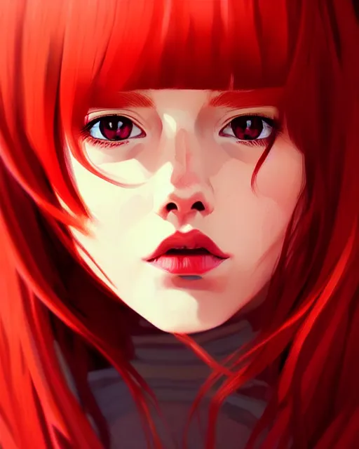 Image similar to a detailed portrait of a cute!!!! woman with red hair and freckles by ilya kuvshinov, digital art, dramatic lighting, dramatic angle