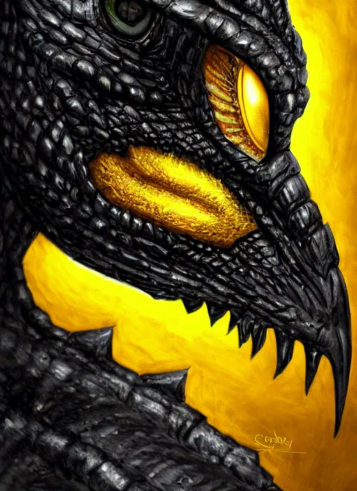 Image similar to closeup portrait of black dragon head with yellow eyes, ultra realistic, fantasy, magic, dnd,