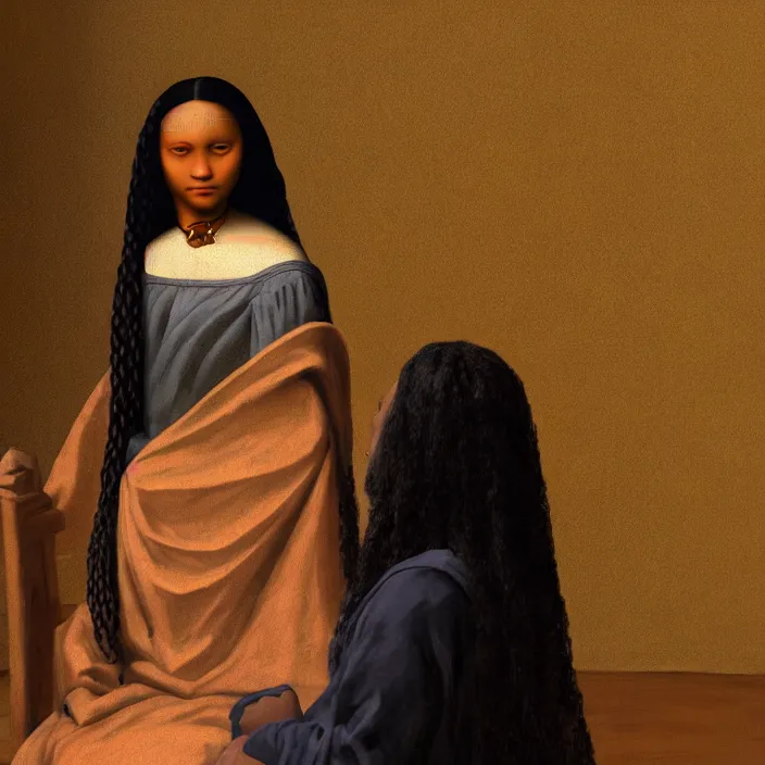 Image similar to an Afro American girl as Mona Lisa by Jacob Lawrence. details, smooth, sharp focus, illustration, realistic, cinematic, artstation, award winning, rgb , unreal engine, octane render, cinematic light, macro, depth of field, blur, red light and clouds from the back, highly detailed epic cinematic concept art CG render made in Maya, Blender and Photoshop, octane render, excellent composition, dynamic dramatic cinematic lighting, aesthetic, very inspirational, arthouse