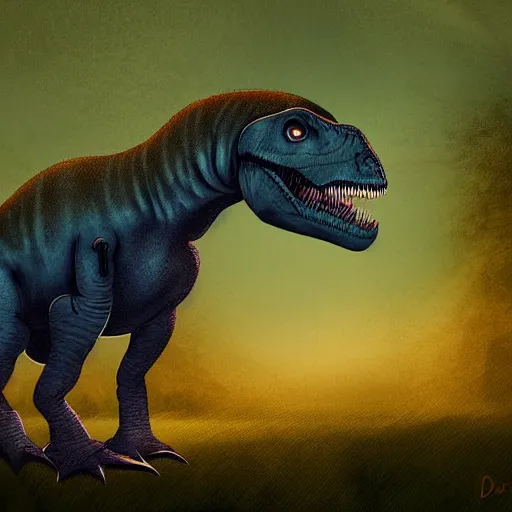 Prompt: Digital art of a somber dinosaur standing in the distance in the style of Dark Naturalism, Jungle Grunge, twilight, glows, detailed,