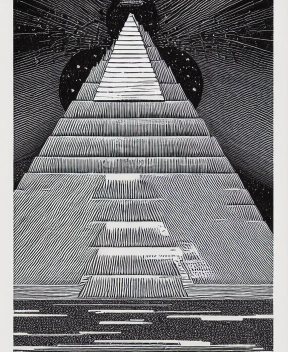 Prompt: realistic space mothership in the shape of pyramid with book tractor beam on white background, art by james o barr and albrecht durer, woodblock print, engraved, black and white, vector, vector art