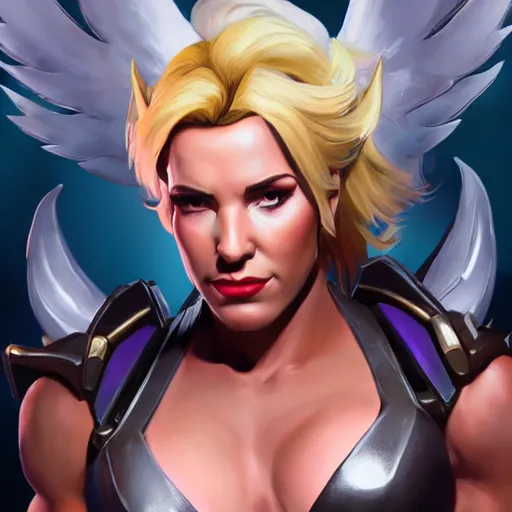 Image similar to a screenshot of arnold schwarzenegger as mercy in overwatch, angel wings, halo, portrait, fantasy, beautiful face, vivid colors, elegant, concept art, sharp focus, digital art, hyper - realistic, 4 k, unreal engine, highly detailed, hd, dramatic lighting by brom, trending on artstation