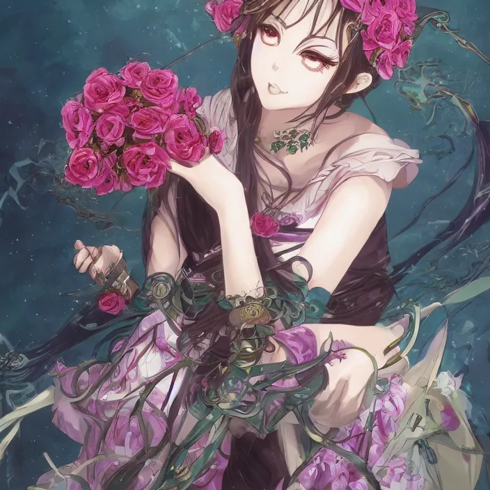 Prompt: Portrait of the Empress of Roses, Anime Fantasy Illustration by Tomoyuki Yamasaki, Studio Kyoto, Madhouse, Ufotable, trending on artstation
