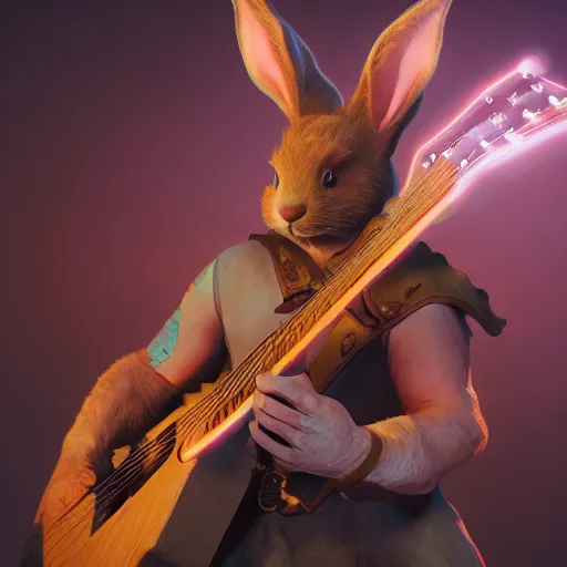 Prompt: An epic fantasy comic book style portrait painting of a bunny playing the guitar, unreal 5, DAZ, hyperrealistic, octane render, cosplay, RPG portrait, dynamic lighting