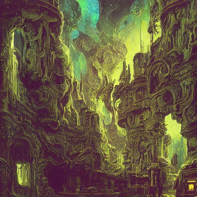 Prompt: baroque neoclassicist halls decorated with sci - fi colorful alien organic textures. iridescent textures. glowing fog, black background. highly detailed fantasy science fiction painting by moebius, norman rockwell, frank frazetta, and syd mead. rich colors, high contrast