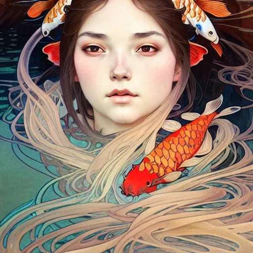 Prompt: Portrait of a girl surrounded by Koi fish, face, fantasy, intricate, elegant, highly detailed, digital painting, artstation, concept art, smooth, sharp focus, illustration, art by Yuhong Ding and Artem Demura and alphonse mucha