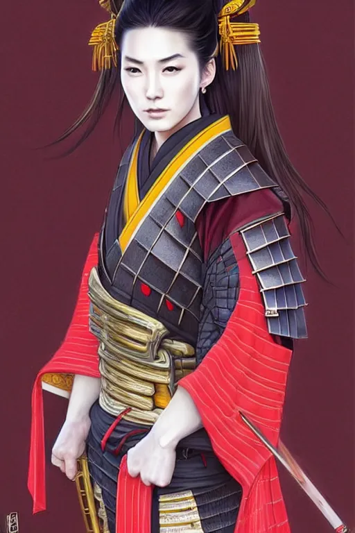 Image similar to full body photo of a gorgeous young woman wearing a japanese samurai outfit in the style of stefan kostic, realistic, sharp focus, 8k high definition, insanely detailed, intricate, elegant, art by stanley lau and artgerm