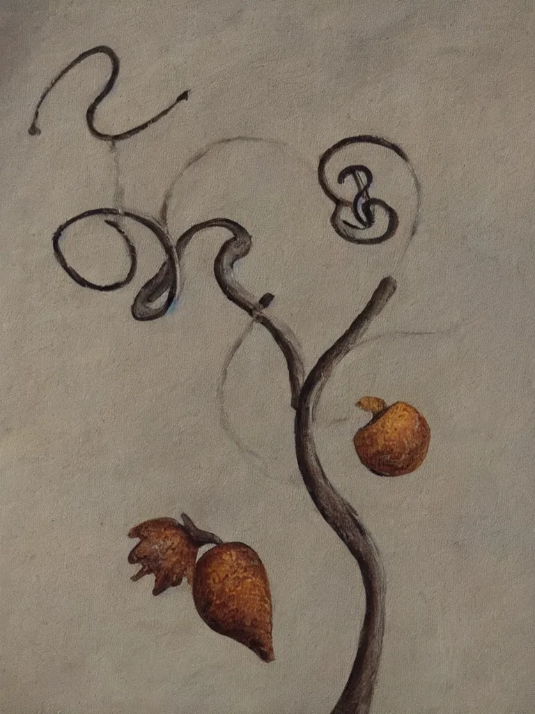 Image similar to an oil painting of an acorn that turns into a tree in the shape of a treble clef with a few scars on the tree, dark and brooding