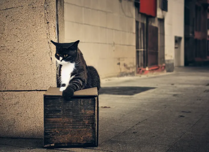 Image similar to photography of a Cat sitting on a box. in a cyberpunk street, award winning photo, colors, 100mm, sharp, high res