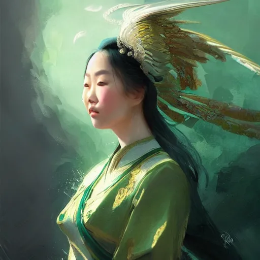 Image similar to portrait of a mongolian princess spreading its wings by greg rutkowski, she looks like an asian princess with beautiful green eyes, wearing a majestic dress, highly detailed portrait, scifi, digital painting, artstation, concept art, smooth, sharp foccus ilustration, artstation hq