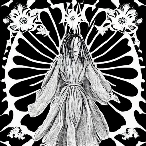 Image similar to black and white pen and ink!!!!!!! sorcerer beautiful attractive long hair Billie Eilish wearing High Royal flower print robes flaming!!!! final form flowing ritual royal!!! Contemplative stance Vagabond!!!!!!!! floating magic witch!!!! glides through a beautiful!!!!!!! Camellia!!!! Tsubaki!!! death-flower!!!! battlefield behind!!!! dramatic esoteric!!!!!! Long hair flowing dancing illustrated in high detail!!!!!!!! by Hiroya Oku!!!!!!!!! graphic novel published on 2049 award winning!!!! full body portrait!!!!! action exposition manga panel black and white Shonen Jump issue by David Lynch eraserhead and beautiful line art Hirohiko Araki!! Frank Miller, Kentaro Miura!, Jojo's Bizzare Adventure!!!! 3 sequential art golden ratio technical perspective panels horizontal per page