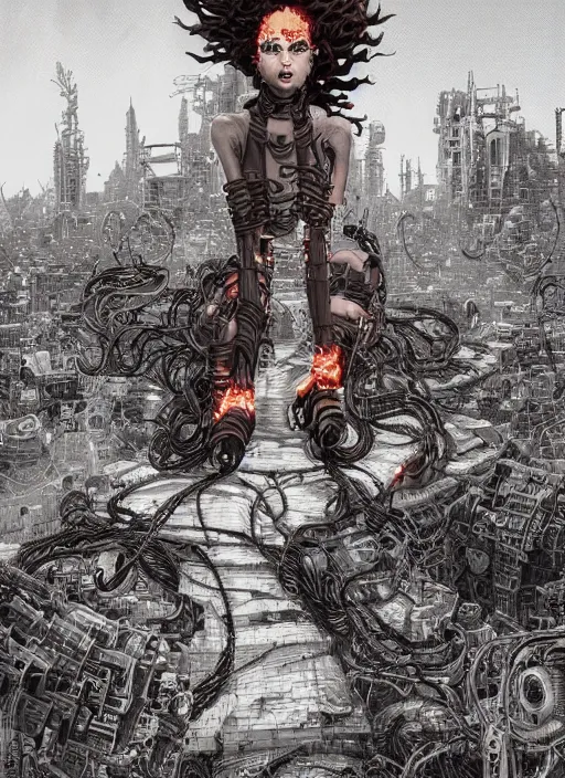 Image similar to highly detailed portrait of wasteland punk long curly fire hair tribal lady, stray wiring by atey ghailan, james gilleard, by joe fenton, by greg rutkowski, by greg tocchini, by kaethe butcher, 4 k resolution, gradient red, orange, black and white color scheme!!! ( ( flaming robotic dystopian city spiral background ) )