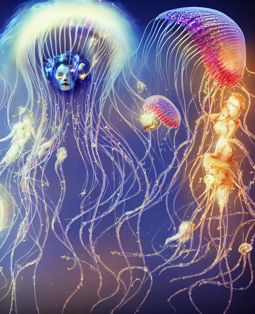 Image similar to close-up portrait of the face of a beautiful princess in a twisted flowers jellyfish mask in a spaceman suit surrounded by energy flow, epic angle and pose, symmetrical artwork, 3d with depth of field, blurred background, floating jellyfish skull phoenix bird, translucent, nautilus, energy flows of water and fire. a highly detailed epic cinematic concept art CG render. made in Maya, Blender and Photoshop, octane render, excellent composition, cinematic dystopian brutalist atmosphere, dynamic dramatic cinematic lighting, aesthetic, very inspirational, arthouse. y Greg Rutkowski, Ilya Kuvshinov, WLOP, Stanley Artgerm Lau, Ruan Jia and Fenghua Zhong