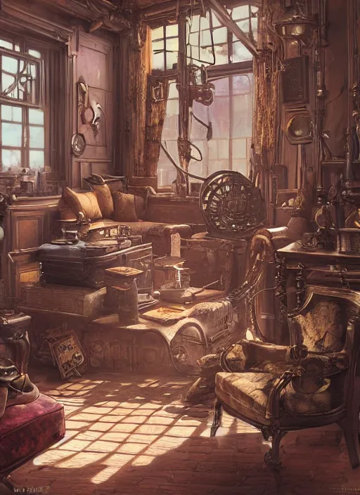 Prompt: a beautiful insanely detailed matte painting of a steampunk living room, sharp, ray tracing, ambient occlusion, octane render, intense colors, by moebius, by greg rutkowski, by rossdraws