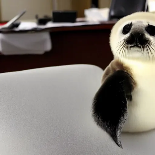 Image similar to a baby harp seal with black fur looking at plans for a nuclear bomb, sitting inside an office at a luxury resort in florida, ap news