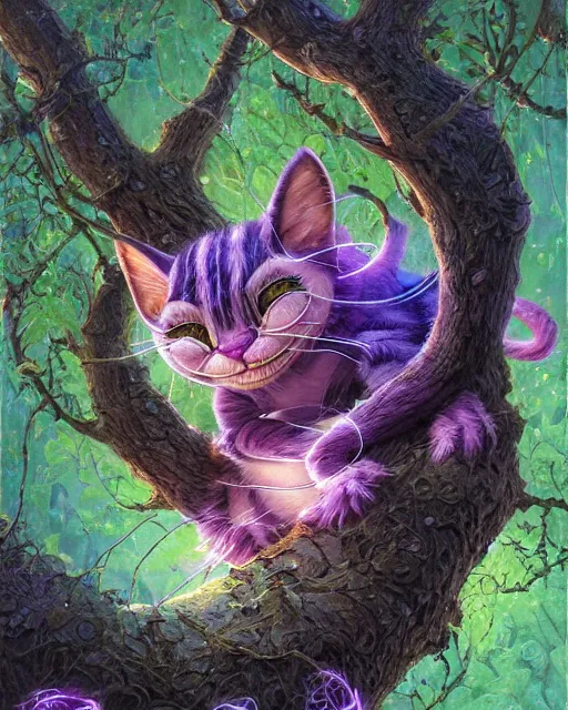 Image similar to an adorable cheshire cat asleep in a tree | highly detailed | very intricate | symmetrical | whimsical and magical | soft cinematic lighting | award - winning | wonderland | painted by donato giancola and paul lehr and ross tran | pastel color palette | featured on artstation
