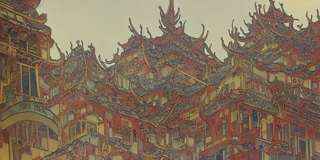 Image similar to a painting of abstract buildings like chinese ancient village houses by alphonse mucha and yves tanguy