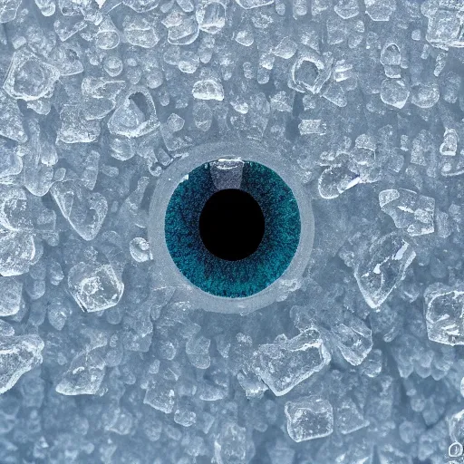 Image similar to a transparent sheet of frosted ice, with a weird eye behind it, XF IQ4, f/1.4, ISO 200, 1/160s, 8K, RAW, unedited, symmetrical balance, in-frame