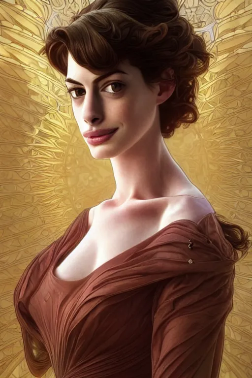 Prompt: very very beautiful longshot photo of anne hathaway, intricate, elegant, highly detailed, artstation, concept art, smooth, sharp focus, illustration, art by artgerm and moebius and alphonse mucha