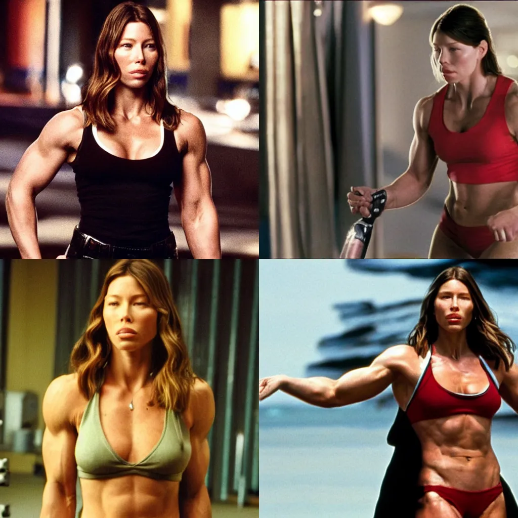 Prompt: jessica biel as the most muscular human being of all time, film still