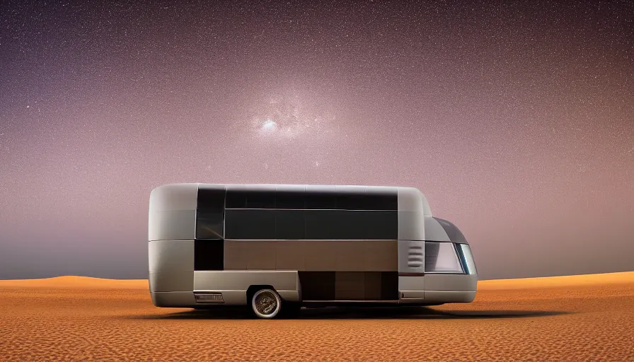 Prompt: professional photograph of a beautiful futuristic Winnebago designed by Buckminster Fuller and Zaha Hadid in a picturesque alien desert. Astronauts are camping nearby. Mammatus clouds worms eye shot, wide-angle, racking focus, extreme panoramic, Dynamic Range, HDR, chromatic aberration, Orton effect intricate, elegant, highly detailed, digital painting, artstation, concept art, smooth, sharp focus, illustration, art by artgerm and greg rutkowski and alphonse mucha