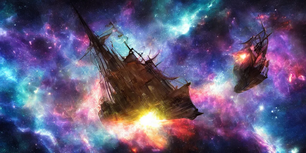 Prompt: pirate ship sailing on a nebula in space