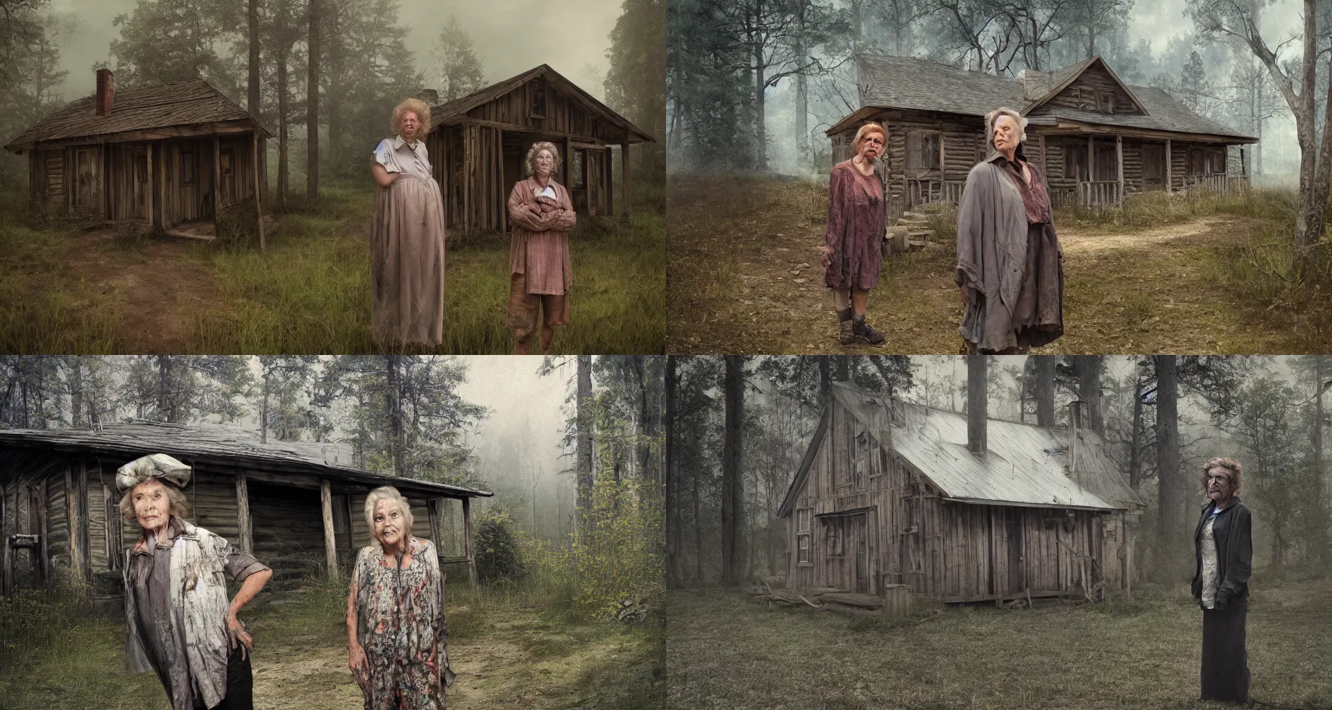 Prompt: ugly old woman with sinister face standing outside old cabin, portrait, dirty clothes, forrest in the background, utopian looking, 80s, moody, hyperrealistic, matte painting