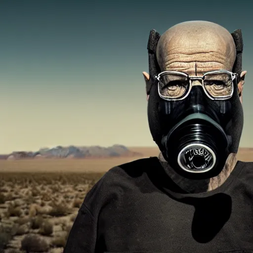 Prompt: A realistic photo of Walter White wearing a gorilla suit with a gas mask, cinematic lighting, New Mexico desert