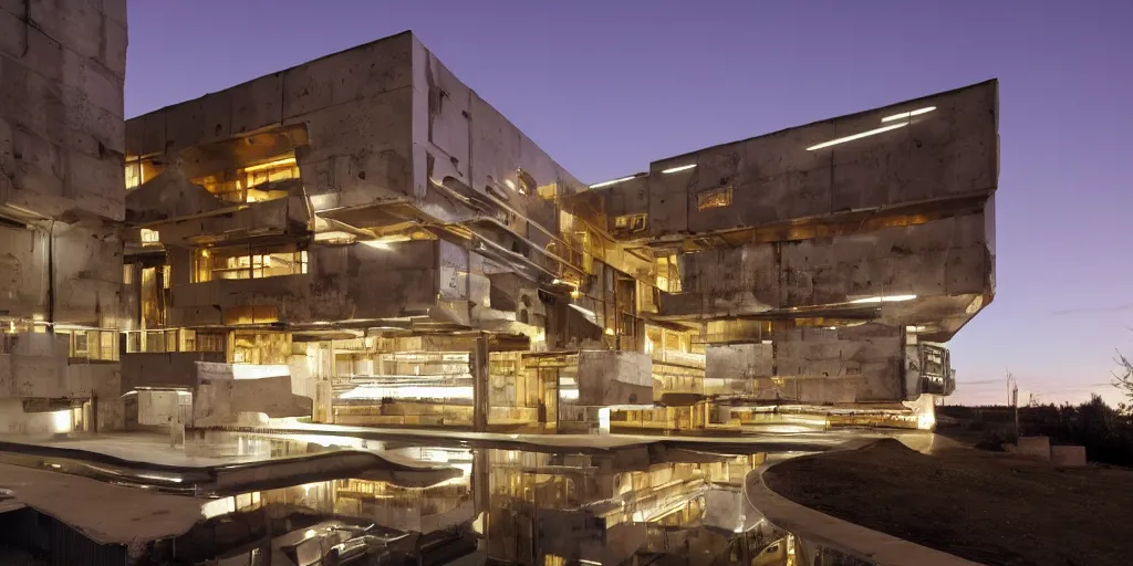 Image similar to wide angle photo of brutalist building made from reflective nickel chrome with copper and gold. late evening with reflective pool and glowing lights. bella hadid. highly reflective and shiny. frank loyde wright