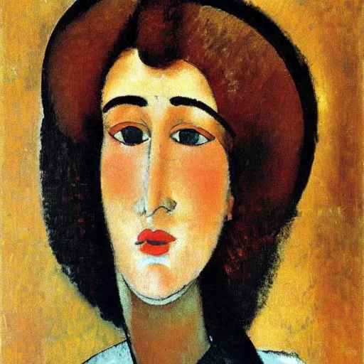 Image similar to representation of a young woman with a happy face in the year 1917 by Amedeo Clemente Modigliani, Italian painter and sculptor