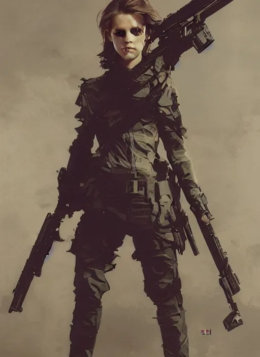 Image similar to emma watson wearing metal gear armor holding ak-47 dramatic lighting art by Yoji Shinkawa by Richard Schmid by greg rutkowski by Sandra Chevrier by Jeremy Lipking cinematic dramatic