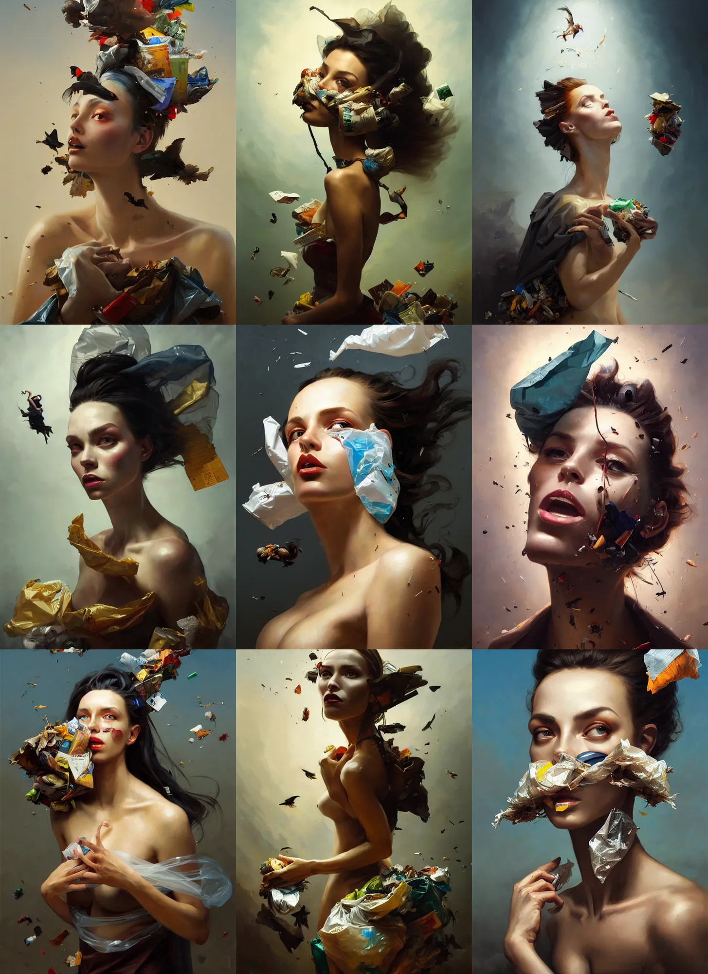 Prompt: fine art portrait oil painting of a beautiful woman with garbage flying into her face, wearing a plastic garbage bag, perspective, ultra detailed, elegant, intricate, dynamic lighting, hyperrealism, sharp focus, art by peter mohrbacher and greg rutkowski and andrei riabovitchev