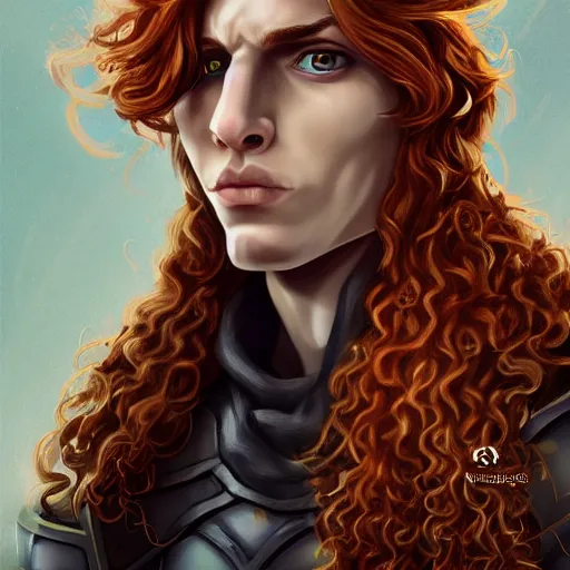 Image similar to portrait of Lucius the beautiful fantasy androgynous prince, long fluffy strawberry blond curly hair, clean and pretty, 8k, trending on artstation