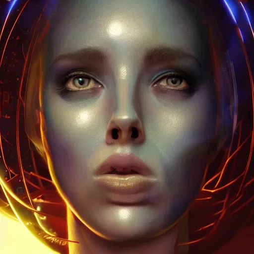 Image similar to celestial goddess facial portrait, legendary epic shot, 90s make-up, galaxy space hunter, cyber implants, wires, low angle, dawn, by artgerm, julie bell, beeple and Greg Rutkowski, airbrush, science fantasy, 90s, concept art, realistic matte painting, Smooth gradients, octane render, 8k, High contrast, duo tone, depth of field, volumetric lightning, very coherent, symmetrical, skin pore detail