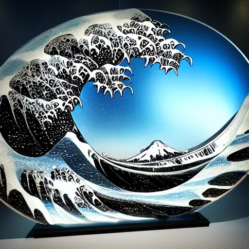 Prompt: photography of a kanagawa wave in 3 d resin sculpture, in a cyberpunk art gallery, cinematic lighting, volumetric lighting, by richard orlinski