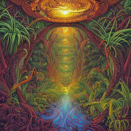 Prompt: radiating 🏖 fire ornate amazon rain forest succularium pastiche by Dan Mumford and by Michael Whelan, Precise and Intricate Linework, Art Nouveau Cosmic 4k spray painted graffiti trending on IllustrationX ,CGSociety, Carmine and Raw umber color scheme