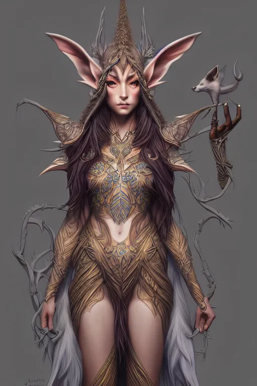Image similar to digital art, centered full body elven with fox headdress ,intricate, veins, by James Jean and by artgerm , by ross tran, ultradetailed, charachter design, concept art, trending on artstation,