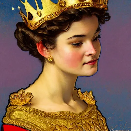 Prompt: left side portrait of a young queen with a golden crown, head only, headshot, royalty, surrounded by gold leaves by Stanley Artgerm Lau , greg rutkowski, thomas kindkade, alphonse mucha, loish, norman rockwell, J. C. Leyendecker. dark brown hair, mouth slightly open, thorn border around the image. D&D, fantasy. Trending on artstation rule of thirds extremely detailed render, extremely realistic, detailed lighting, octane hd 4k